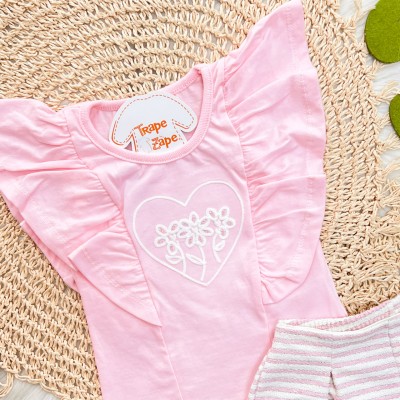 Conj. Blusa Coração com Flores Bordadas e Short Listrado - Rosa